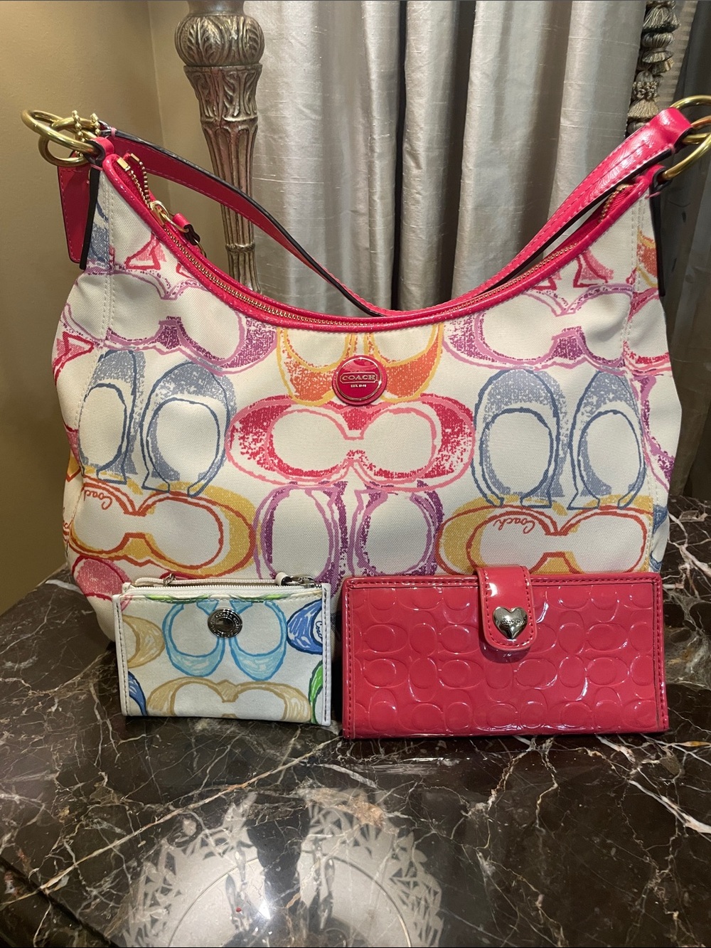 Coach Multicolor Signature Canvas Hobo Bag with Pink Patent Wallet